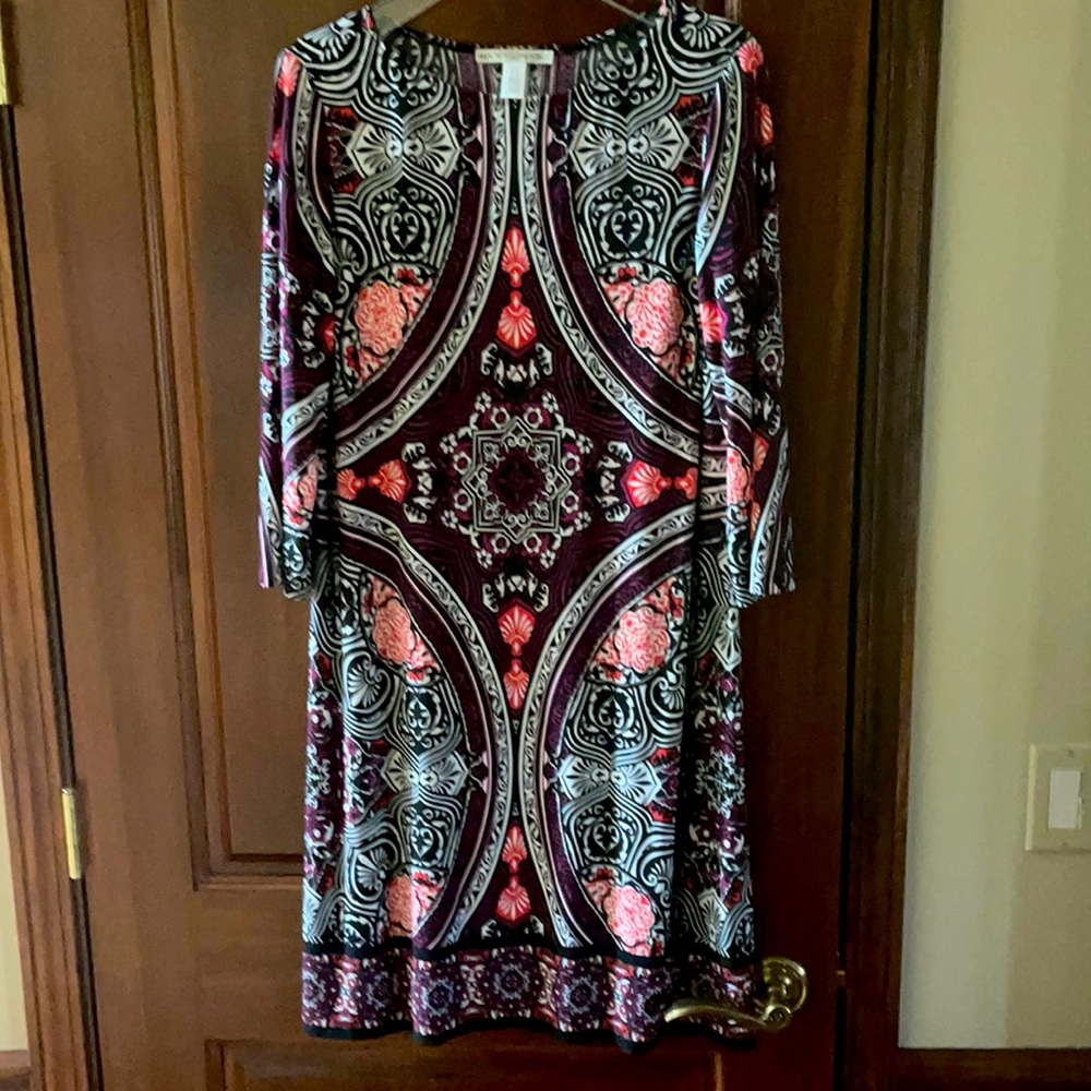 Black, Coral, Purple, & White Print Dress